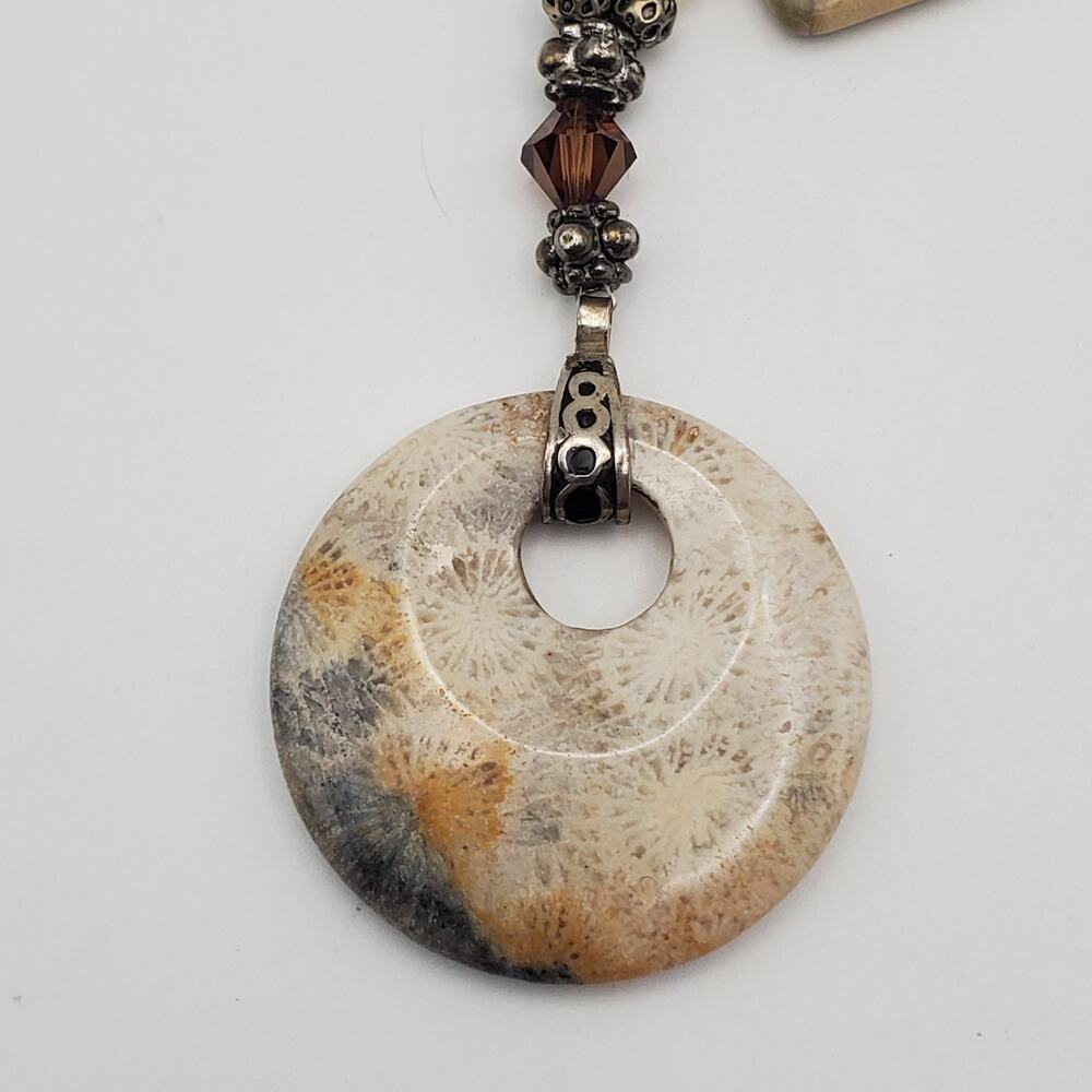 Artisan Hand Crafted Fossil Petoskey Stone Crystal Silver Tone Necklace 18" - Picture 3 of 10